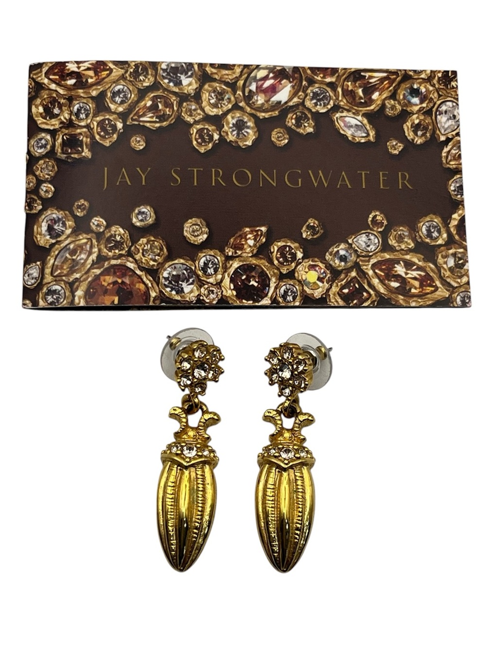 Jay Strongwater Etruscan style gold tone rhinestone cluster dangle earrings